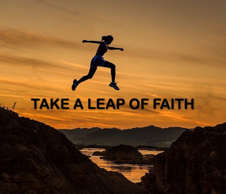 A person taking a leap of faith across a canyon