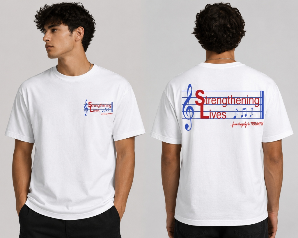 White Strengthening Lives T-Shirt showing front chest print and back music staff logo print